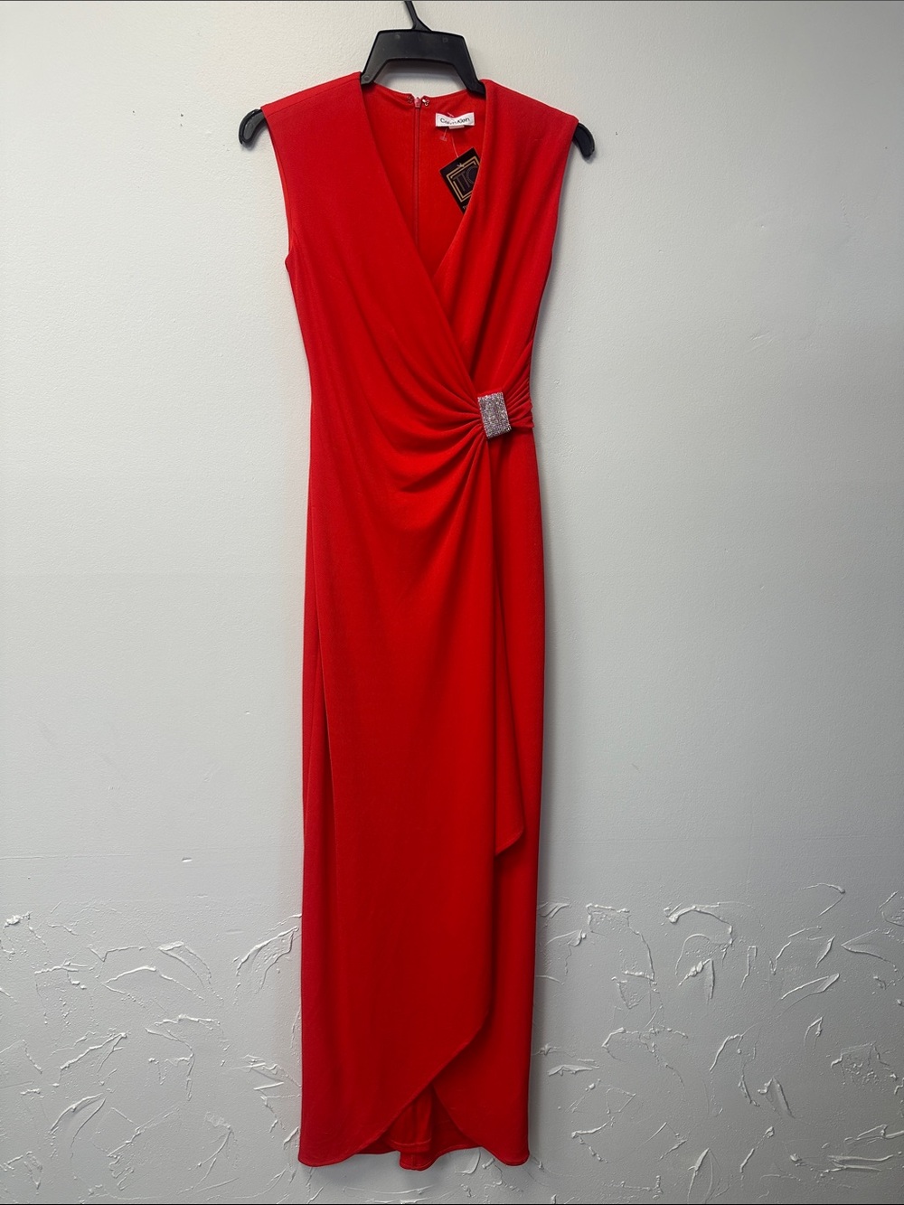Calvin Klein Red Sleeveless Wrap-Style Maxi Dress with Rhinestone Buckle